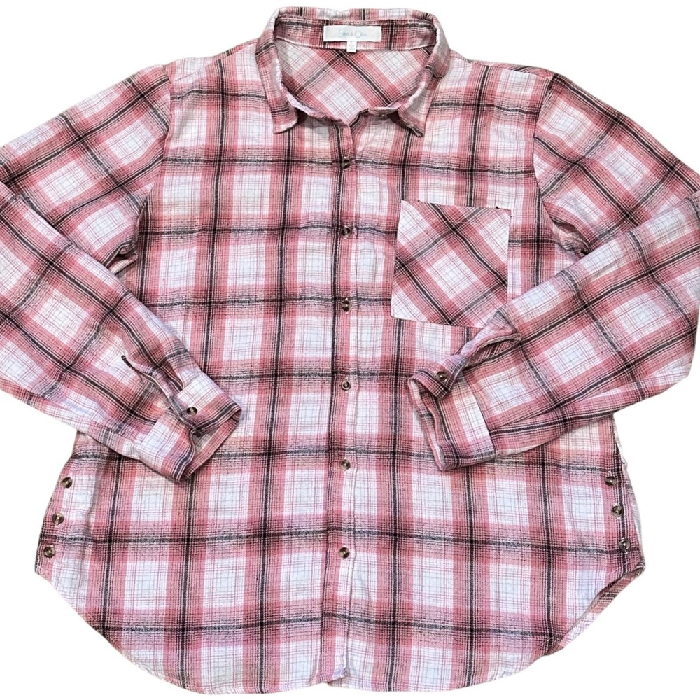 Eden & Olivia Flannel Shirt Women Large Pink Excellent Plaid Button Down Top